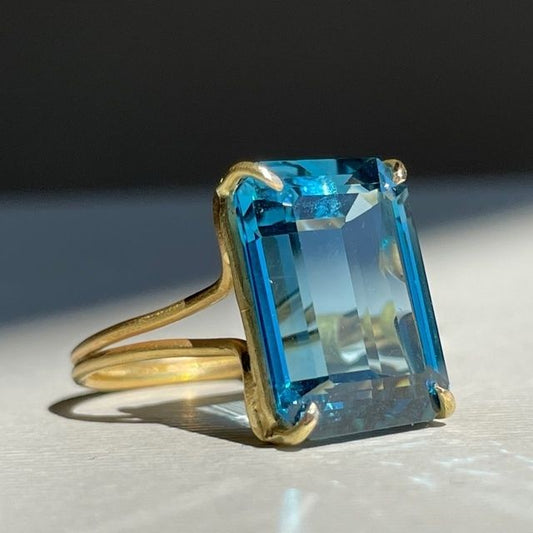 Vintage Blue Ocean Glass Gold Ring-Ariette Jewelry