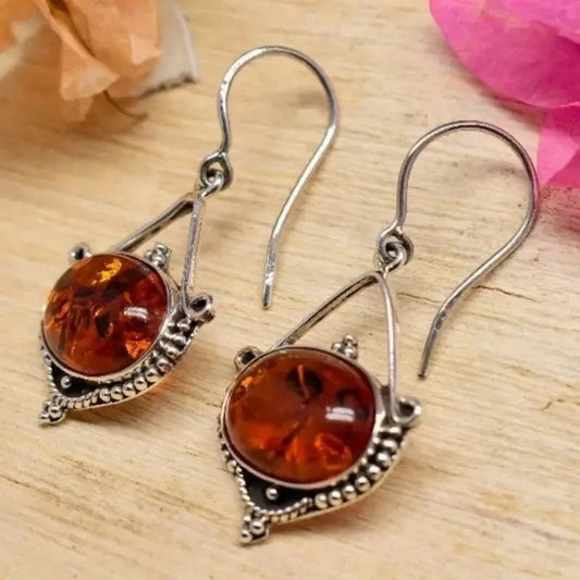 Silver Boho Amber Stone Earrings-Ariette Jewelry