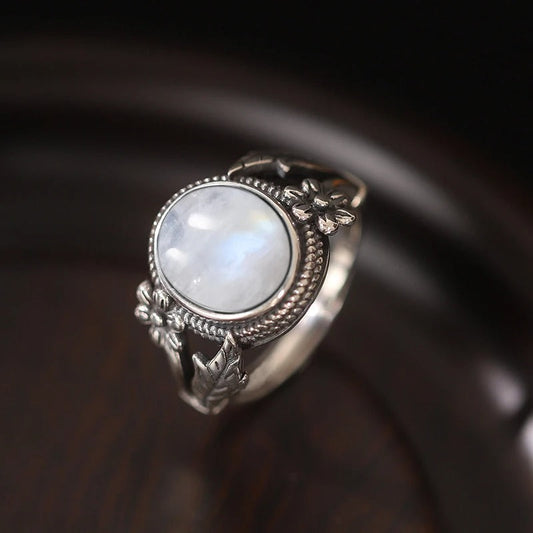 Vintage Floral Moonstone Silver Ring-Ariette Jewelry