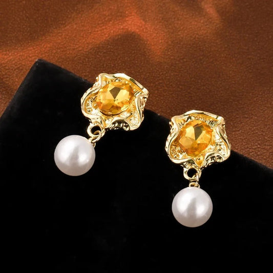 Gold Yellow Gemstone Pearl Earrings-Ariette Jewelry