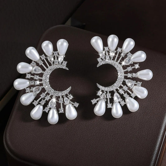 Vintage Moon & Pearl Silver Earrings-Ariette Jewelry