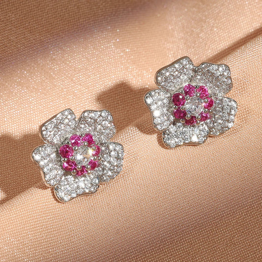 Vintage Silver Pink Flower Earrings-Ariette Jewelry