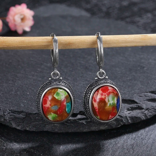 Silver Multicolor Oval Earrings-Ariette Jewelry