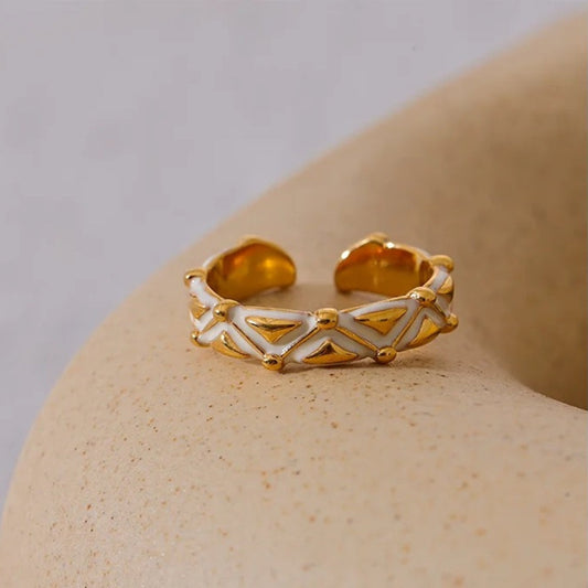 Vintage White Enamel Open Gold Ring-Ariette Jewelry