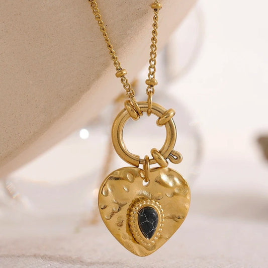 Vintage Black Stone Heart Necklace-Ariette Jewelry