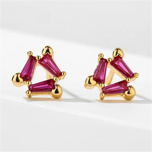 Gold Triangle Red Gem Earrings-Ariette Jewelry