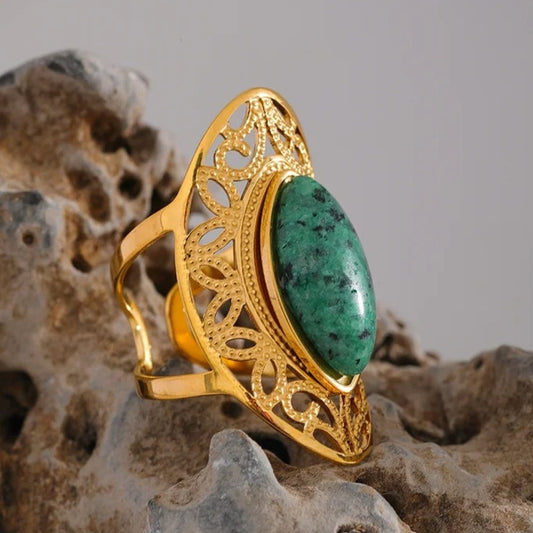 Gold Ornate Green Stone Open Ring-Ariette Jewelry