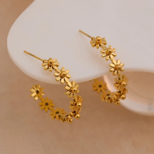 Gold Floral Charm Hoop Earrings-Ariette Jewelry
