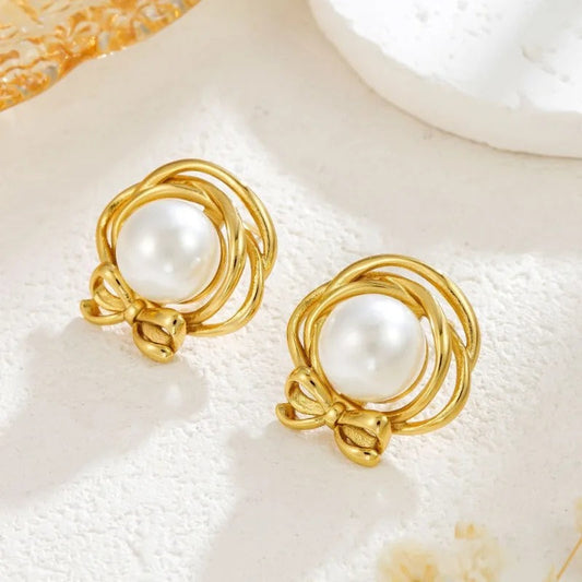 Vintage Pearl Bow Stud Earrings-Ariette Jewelry