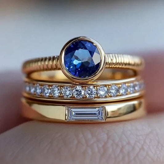 Vintage Gold Blue Zirconia Ring Set-Ariette Jewelry