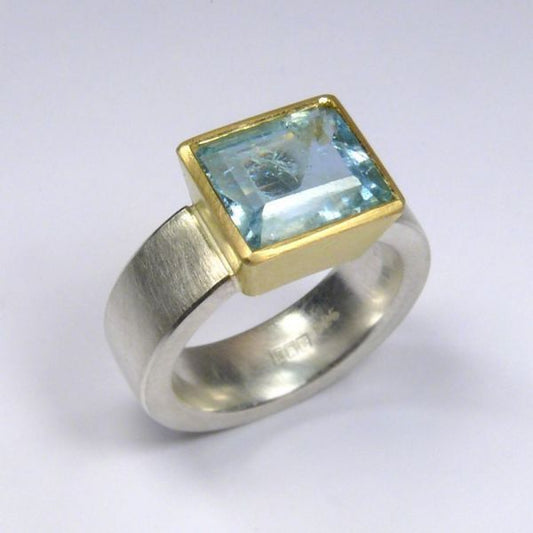 Vintage Blue Square Gold & Silver Ring-Ariette Jewelry