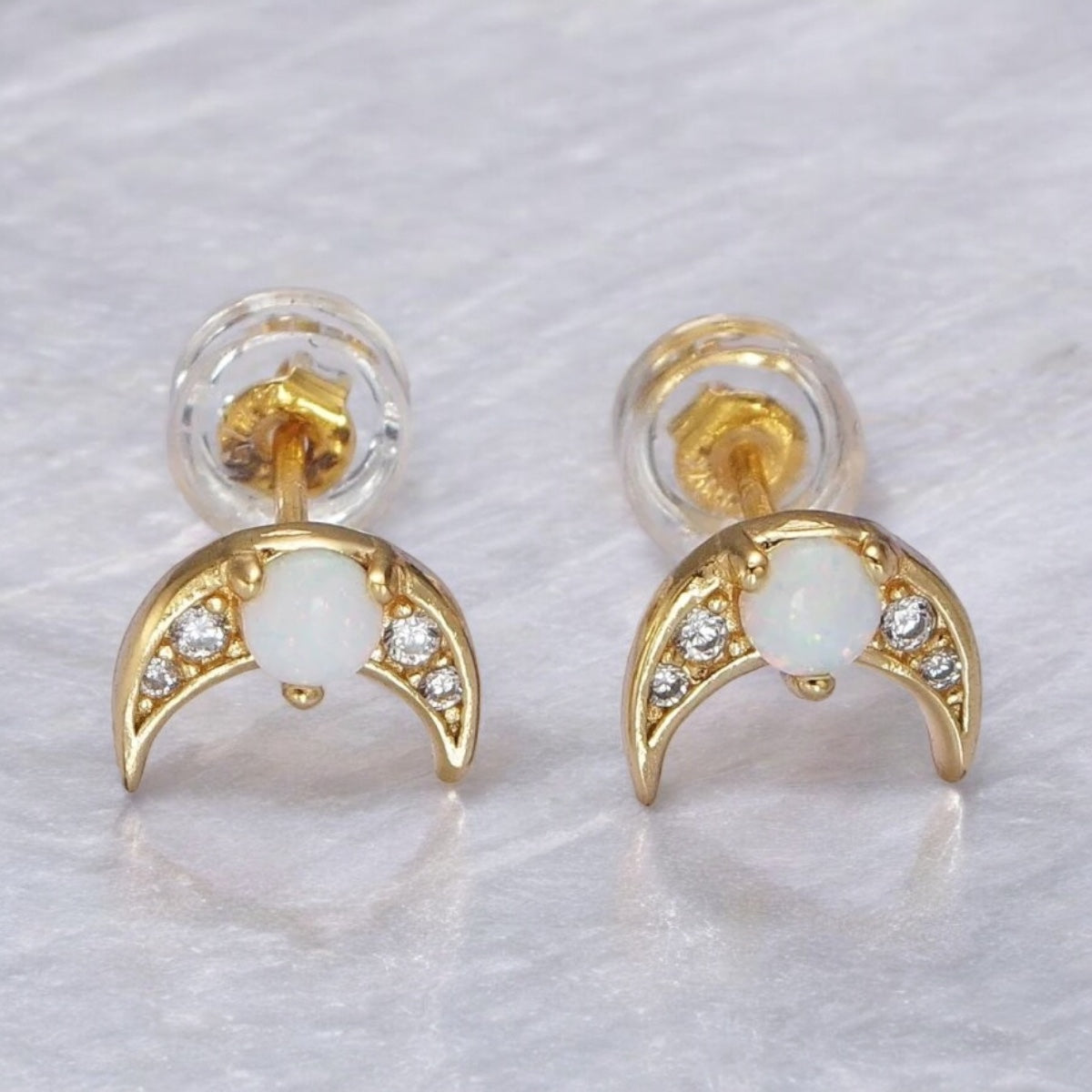 Opal Moon Stud Earrings-Ariette Jewelry