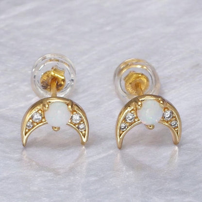 Opal Moon Stud Earrings-Ariette Jewelry
