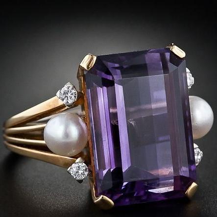 Vintage Purple Glass Pearl Golden Ring-Ariette Jewelry