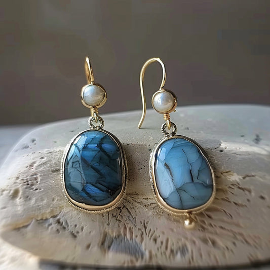 Blue Stone Pearl Earrings-Ariette Jewelry