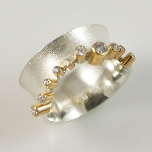 Vintage Silver Inlaid Zirconia Gold Ring-Ariette Jewelry