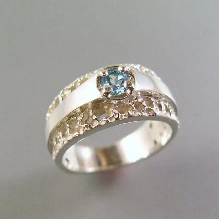 Vintage Hollow Gold & Silver Blue Glass Ring-Ariette Jewelry