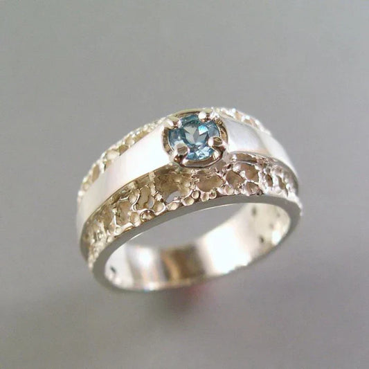 Vintage Hollow Gold & Silver Blue Glass Ring-Ariette Jewelry