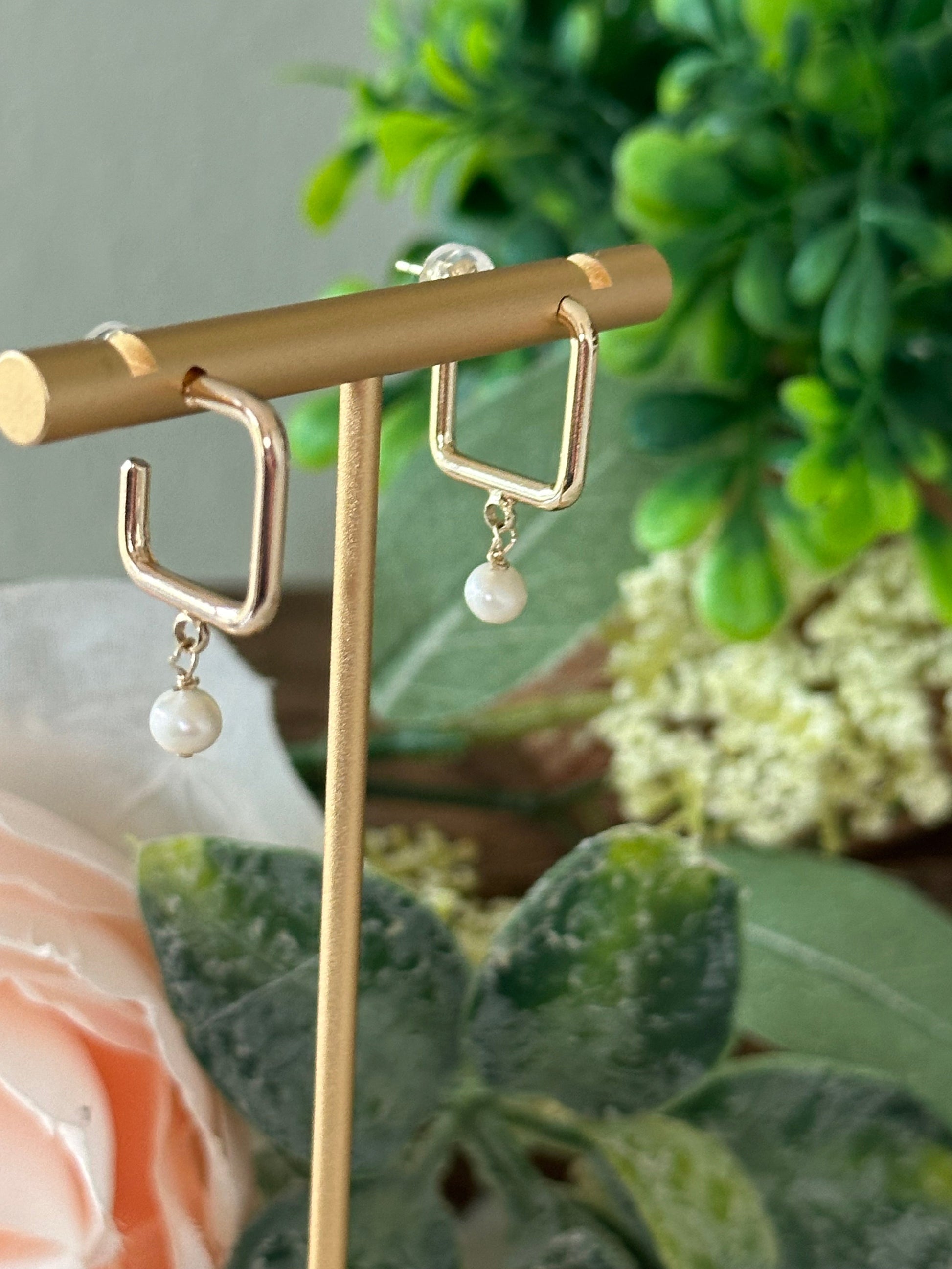 Dalila Square Hoop Pearl Earrings-Ariette Jewelry