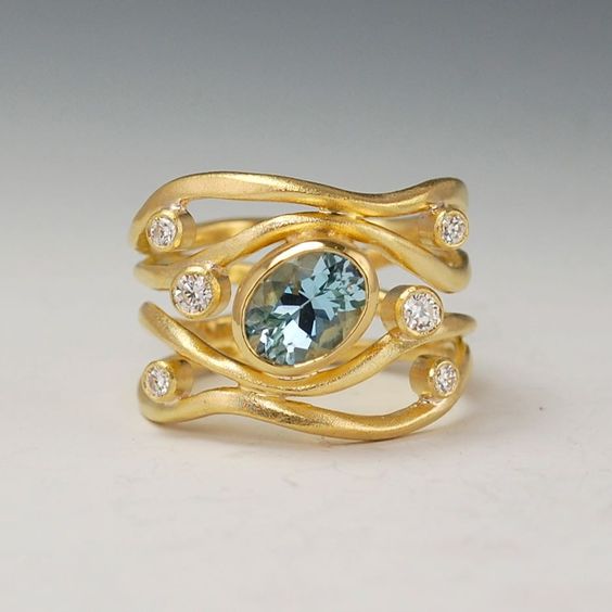 Vintage Layered Blue Glass Golden Ring-Ariette Jewelry