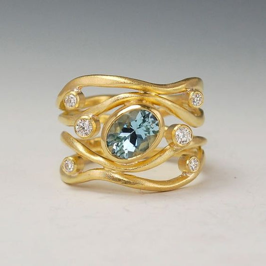 Vintage Layered Blue Glass Golden Ring-Ariette Jewelry