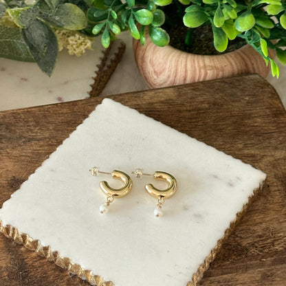 Ileana Thick Hoop Pearl Earrring-Ariette Jewelry