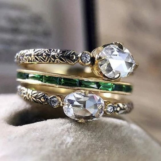 Vintage Layered Gold Green Zirconia Ring Set-Ariette Jewelry
