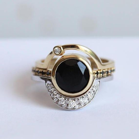 Vintage Black Glass & Zirconia Gold Ring-Ariette Jewelry