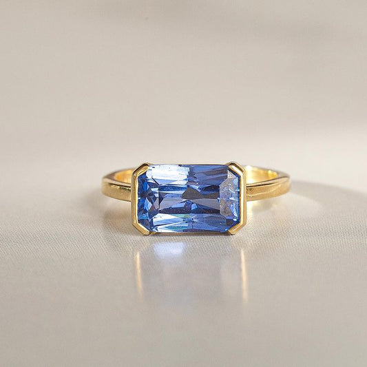 Vintage Rectangular Blue Glass Gold Ring-Ariette Jewelry