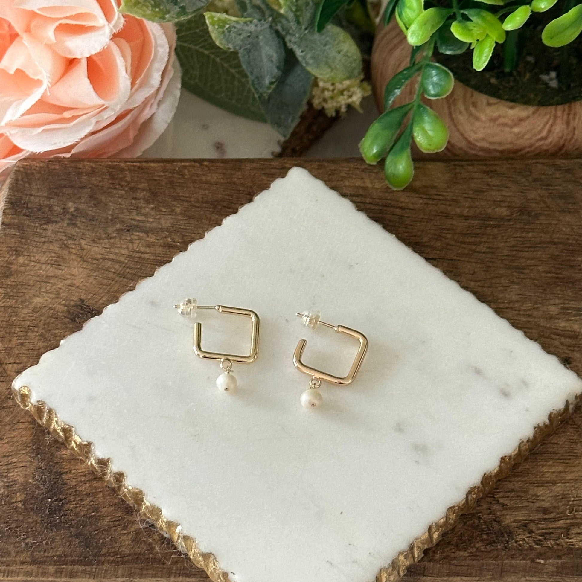 Dalila Square Hoop Pearl Earrings-Ariette Jewelry