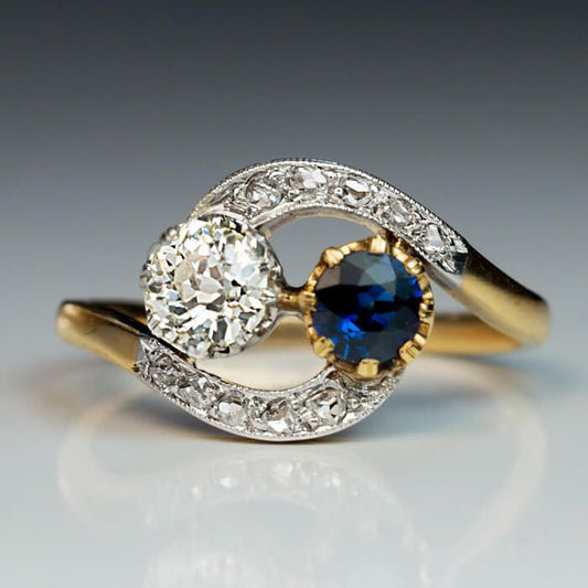Vintage Wavy Blue & White Zirconia Gold Ring-Ariette Jewelry