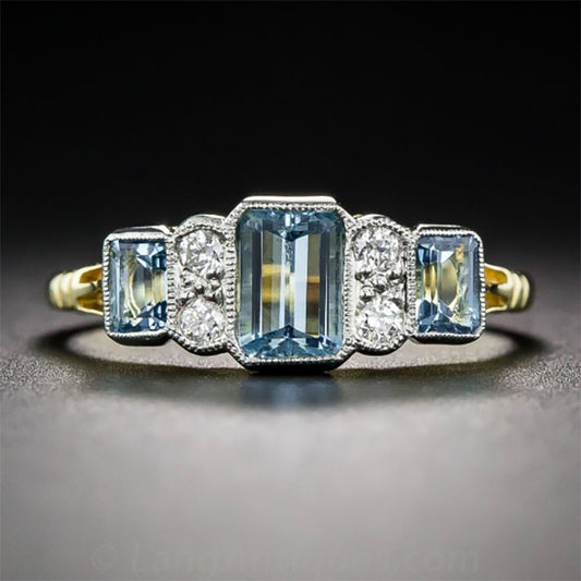 Vintage Blue & White Cubic Glass Gold Ring-Ariette Jewelry