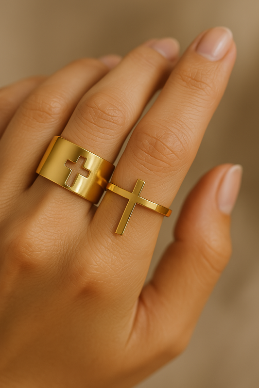 Matching Cross Gold Adjustable Ring Set-Ariette Jewelry