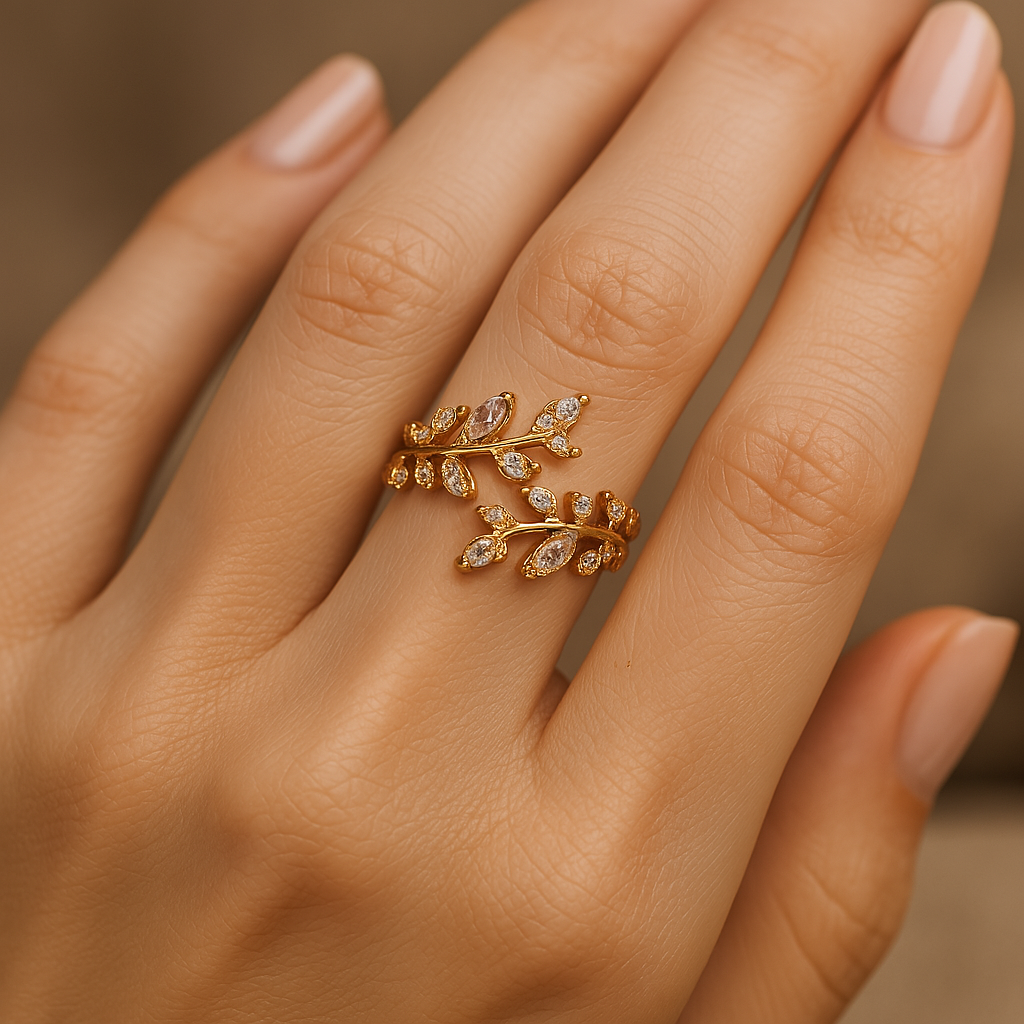 Gold Sparkling Leaf Branch Adjustable Ring-Ariette Jewelry