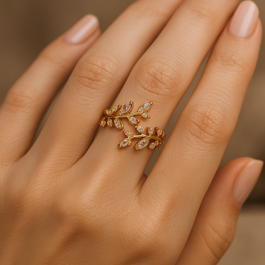 Gold Sparkling Leaf Branch Adjustable Ring-Ariette Jewelry