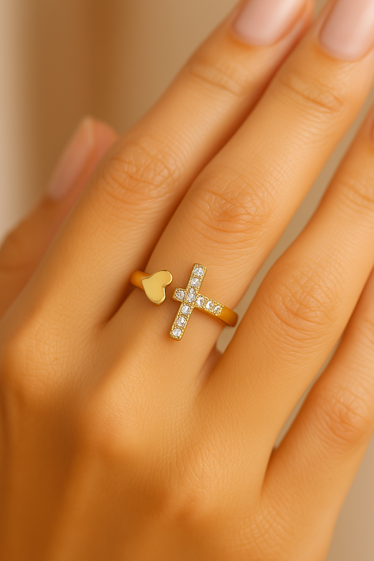 Gold Religious Cross Heart Resizable Ring-Ariette Jewelry