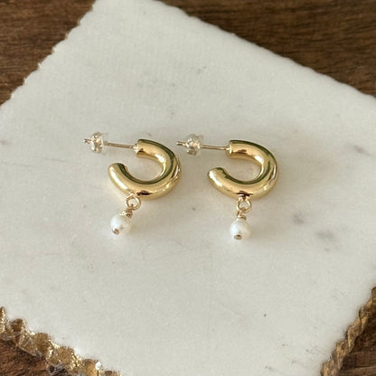 Ileana Thick Hoop Pearl Earrring-Ariette Jewelry