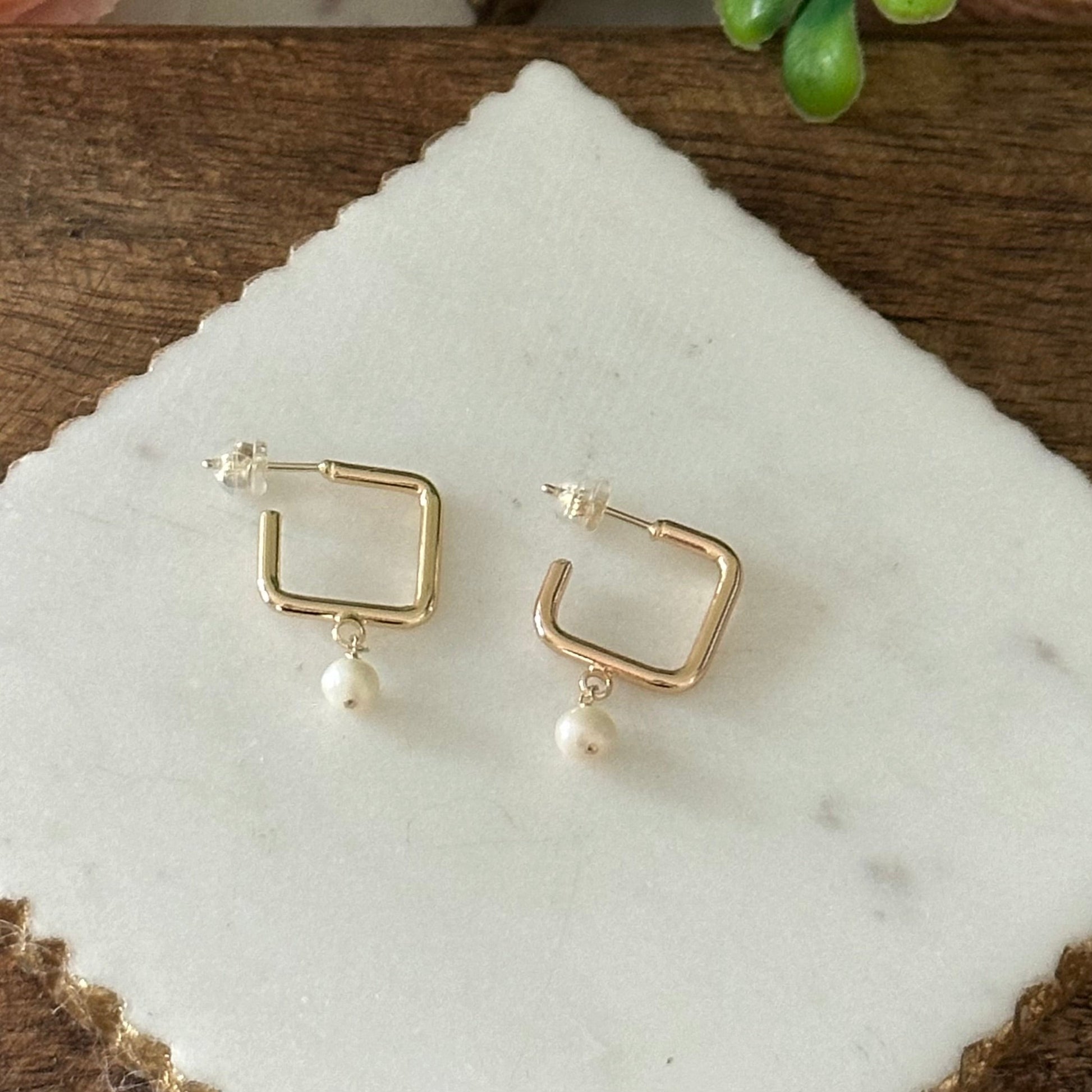 Dalila Square Hoop Pearl Earrings-Ariette Jewelry
