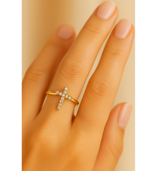 Gold Crystal Cross Resizable Ring-Ariette Jewelry