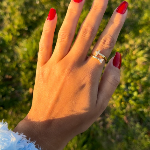 Gold Sparkling Heart Cross Resizable Ring-Ariette Jewelry