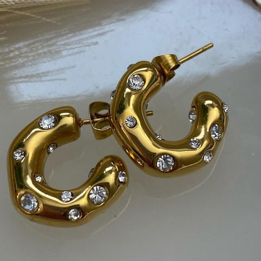 Vintage Gold Inlaid Crystals Earrings-Ariette Jewelry