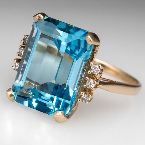 Vintage Blue Ocean Glass & Zirconia Gold Ring-Ariette Jewelry