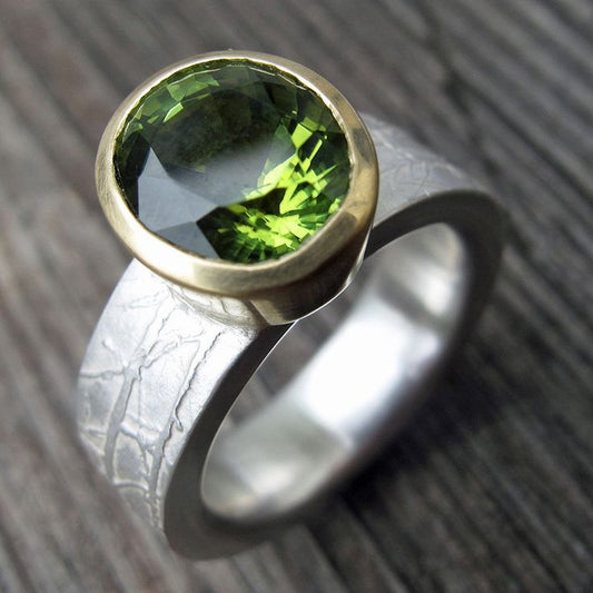 Vintage Olive Bright Glass Silver Ring-Ariette Jewelry