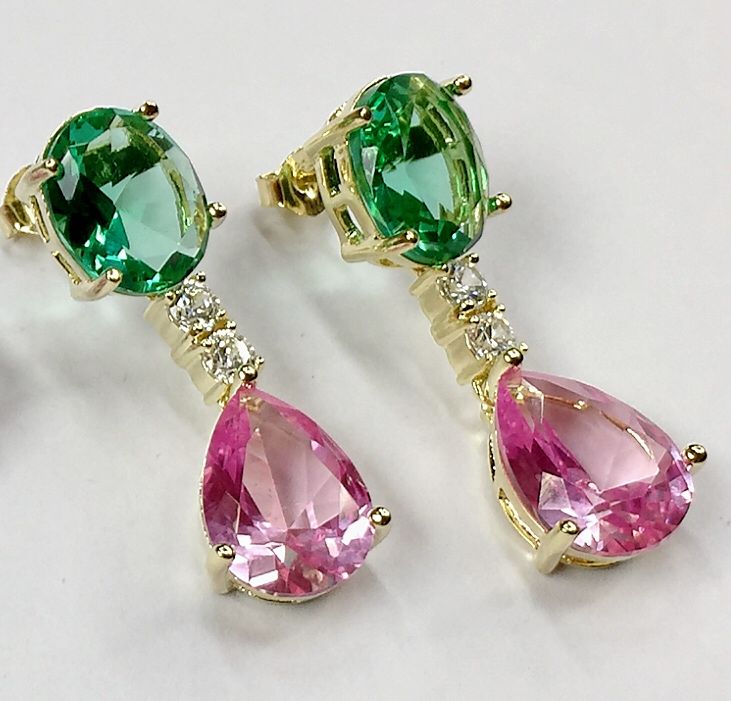 Vintage Pink Drop Green Zirconia Earrings-Ariette Jewelry
