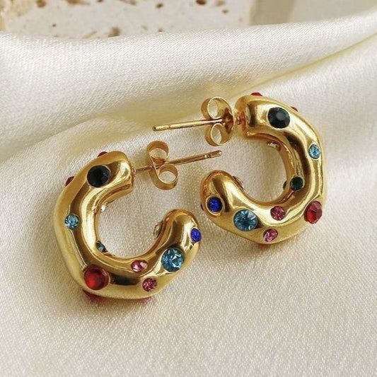 Vintage Gold Colorful Inlaid Crystals Earrings-Ariette Jewelry