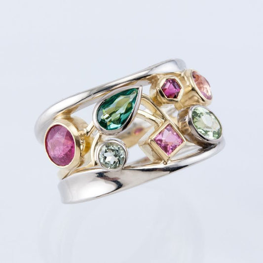 Vintage Colorful Stones Silver & Gold Ring-Ariette Jewelry