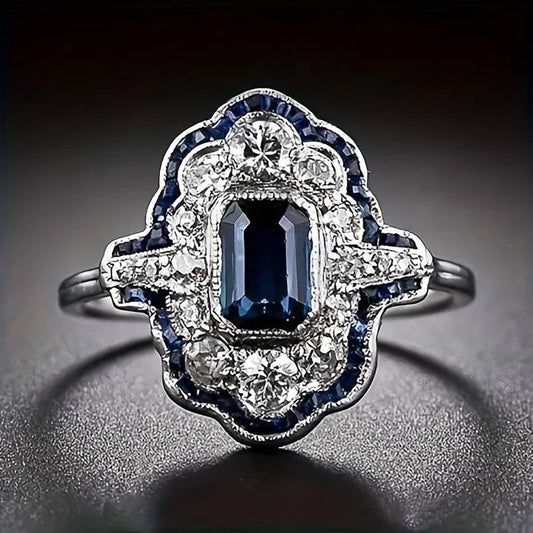 Vintage Blue Crystal Silver Ring-Ariette Jewelry