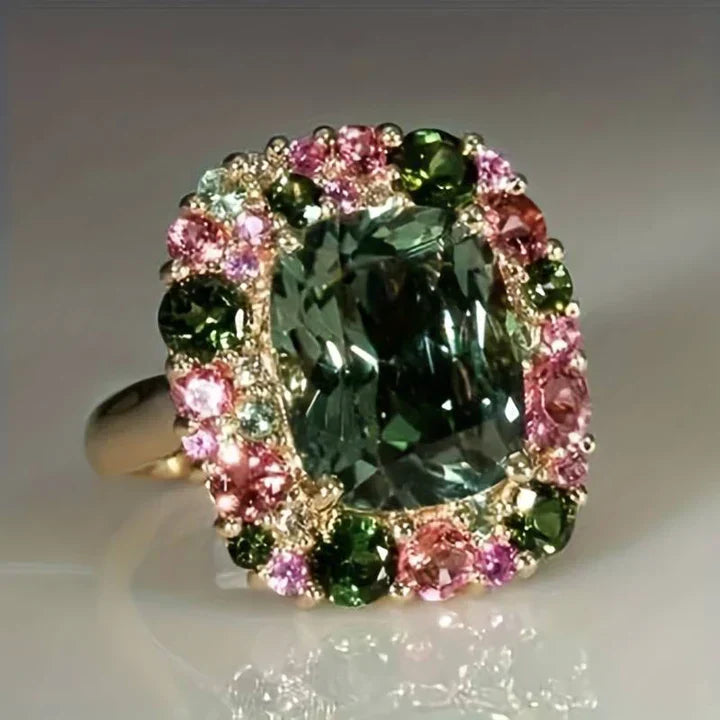 Vintage Green & Pink Crystal Ring-Ariette Jewelry