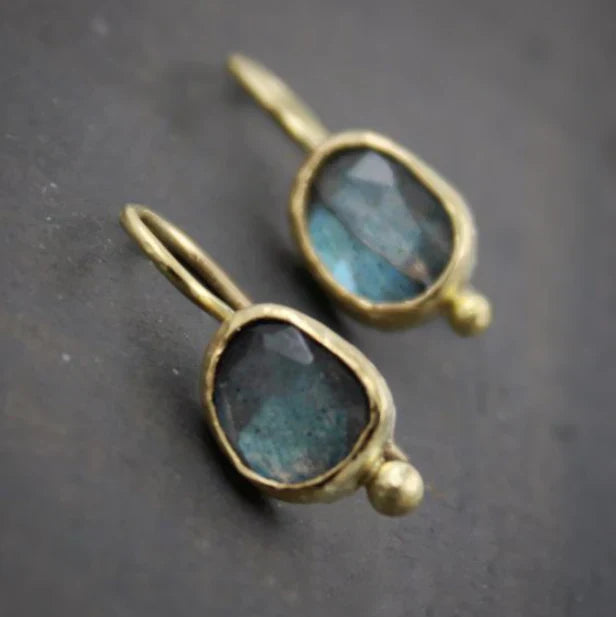 Vintage Blue Inlaid Stone Golden Earrings-Ariette Jewelry