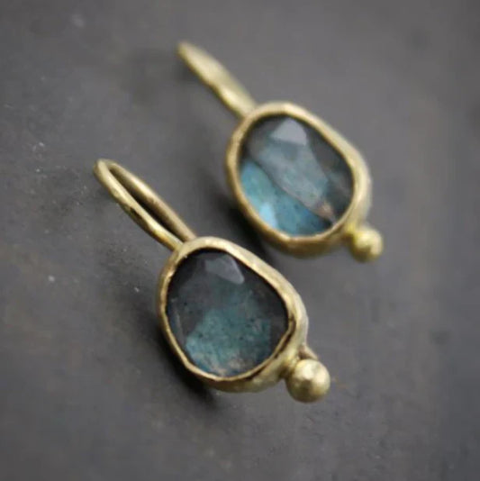 Vintage Blue Inlaid Stone Golden Earrings-Ariette Jewelry